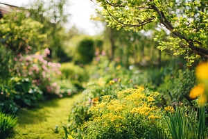 Lush summer garden with vibrant yellow flowers blooming along a, a Photo by Studio ANNA