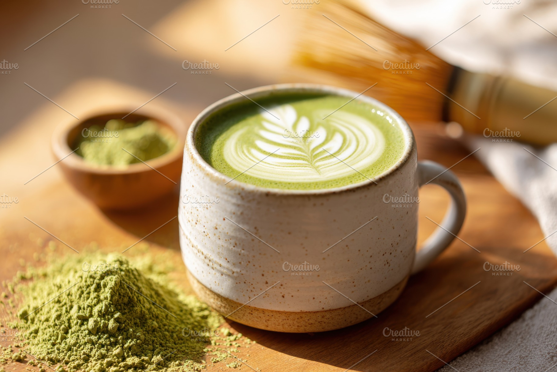 Matcha tea with latte art and bamboo whisk, a Food & Drink Photo by AlyaAnd