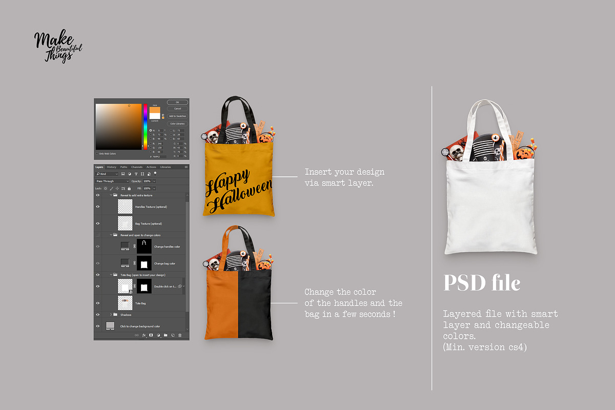 Isolated Halloween tote bag mockup, a Product Mockup by Make Beautiful Things (Photo 2 of 6)