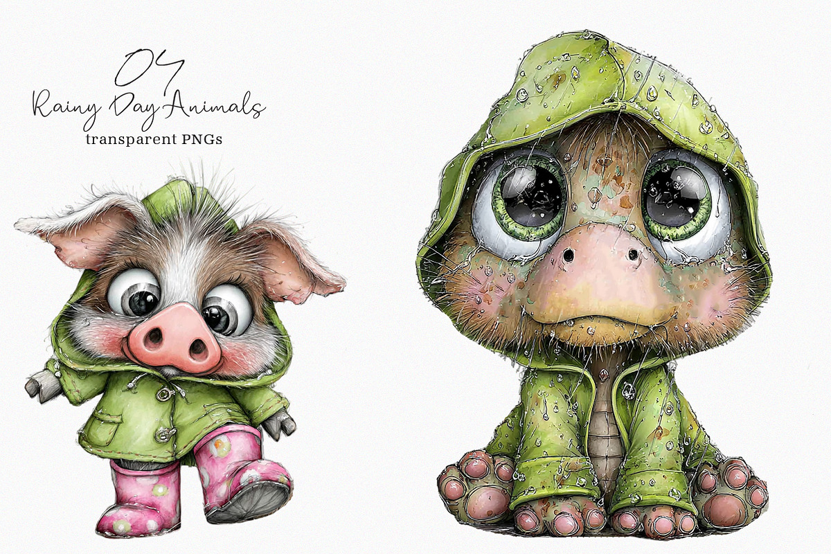 Rainy Day Animals Watercolor Clipart, an Illustration by SinaCreation (Photo 1 of 7)