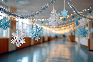 Winter decorations adorn a bright hallway with snowflakes and twinkling lights, a Photo by AlyaAnd