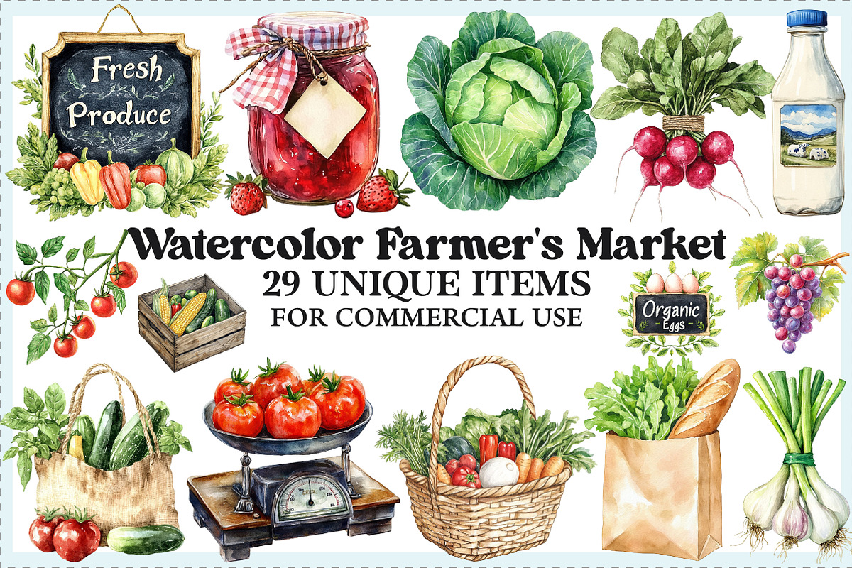 Watercolor Farmer's Market Clipart, an Illustration by Craft Nest (Photo 1 of 9)
