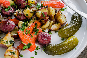 Colorful plate of cooked vegetables, a Photo by 1miromiro