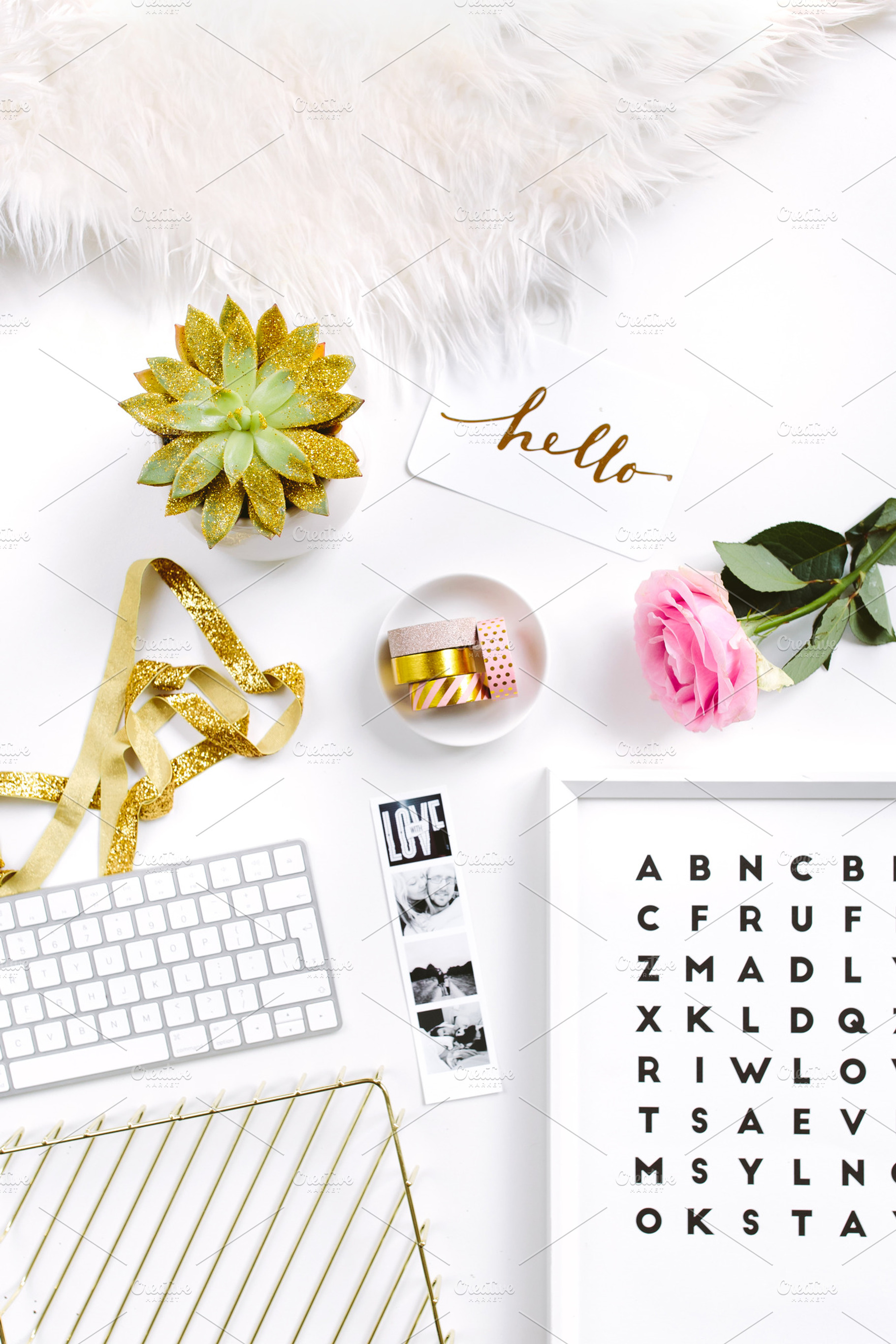 Pretty minimal flatlay stock photo featuring applekeyboard, apple, and, a Beauty & Fashion Photo by The Snap Shop