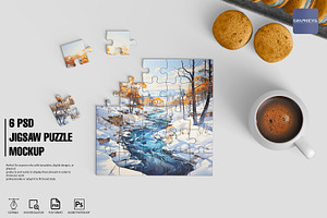 Jigsaw Puzzle Mockup 6 PSD 5x5pieces, a Merchandise Mockup by GraphicVil