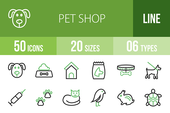 50 Pet Shop Line Green Black Icons