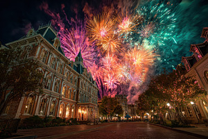 Historic Building Night Fireworks Sp, a Photo by Pixeness Studio