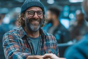 Smiling bearded man in casual attire shaking hands in a business setting, a Photo by AS photostudio