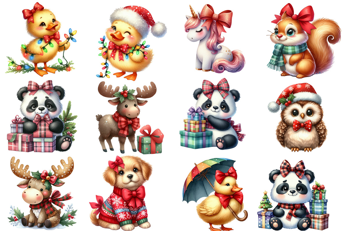 Cute Animal Christmas with Bow Clipa, an Illustration by Designworld (Photo 3 of 5)