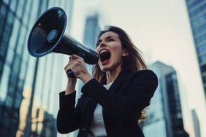 Confident businesswoman shouts into, a Business Photo by MistyDay