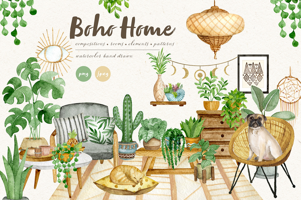 Boho Home. Watercolor interior set, an Object Graphic by JuliaBadeeva (Photo 1 of 6)