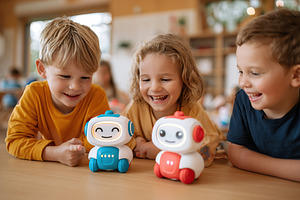 Children engaged in interactive play with friendly educational robots in a clas, a Photo by AlyaAnd