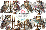 Watercolor Owls Clipart, an Illustration by DreamCafeArt (Thumbnail 1 of 5)