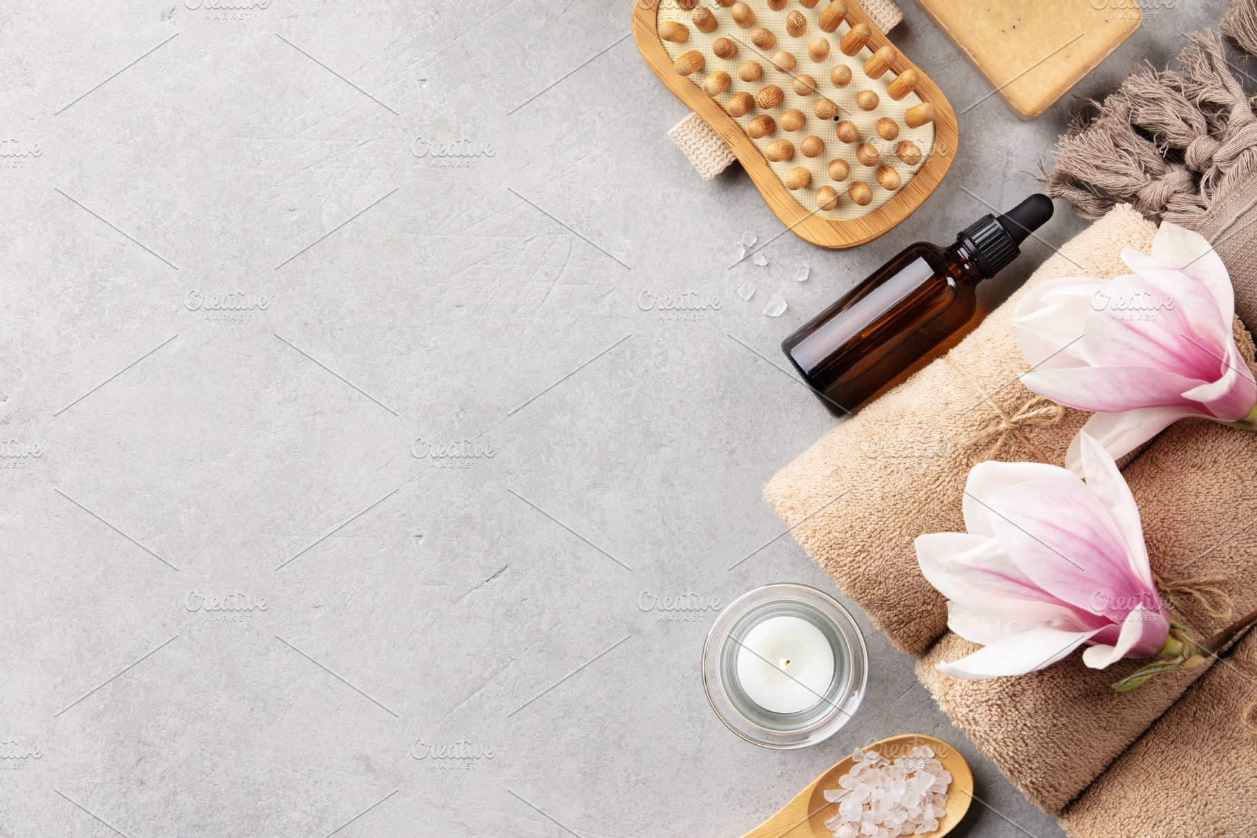 Spa Still Life with Magnolia Flowers Towels and Candle, a Health & Medical Photo by Natalia Klenova's Shop