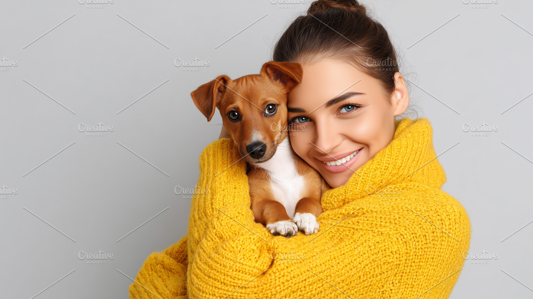 Happy woman in sweater hug dog, an Animal Photo by MistyDay