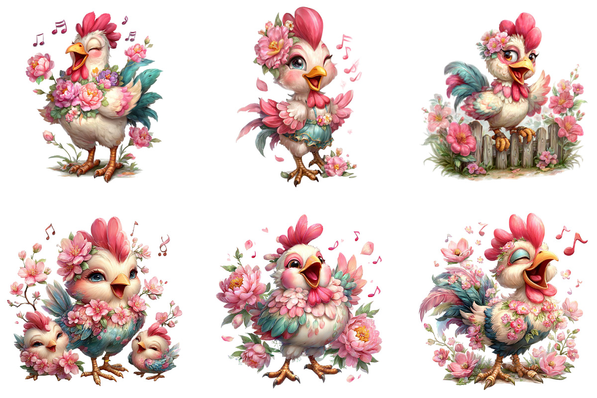 Floral Chicken Singing Farm Clipart, an Illustration by CraftArtStudio (Photo 6 of 6)