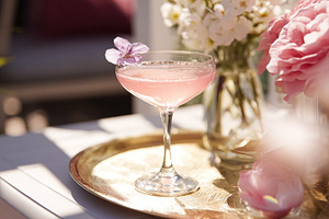 Pink cocktail glass with a floral garnish on a golden tray, cele, a Photo by Studio ANNA