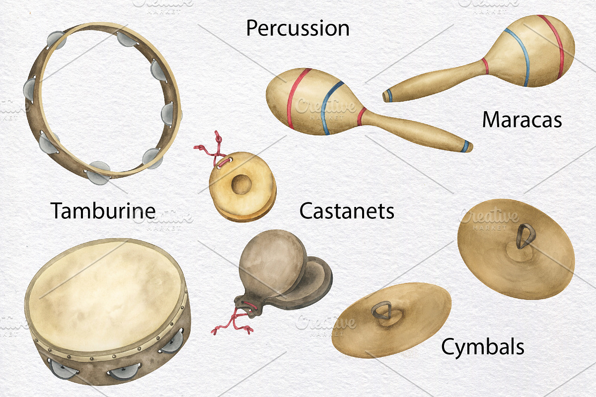 Musical Instruments Watercolor Set, an Education Illustration by KathrineWatercolor (Photo 6 of 9)