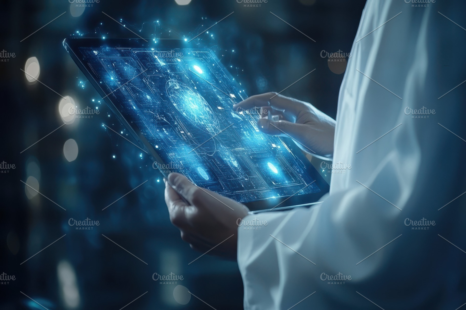 Scientist using futuristic tablet di, a Health & Medical Photo by Pixeness Studio