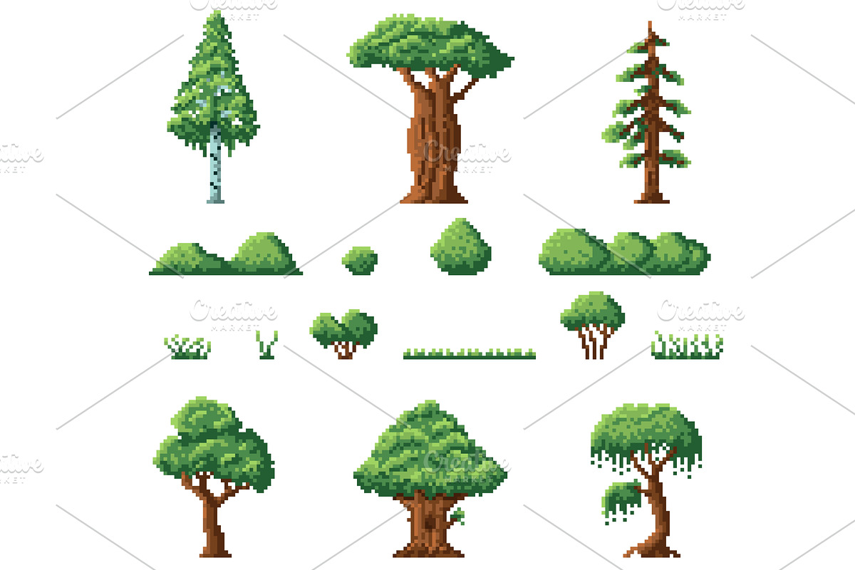 Pixel art bush and trees. Backyard, an Object Illustration by YummyBuum