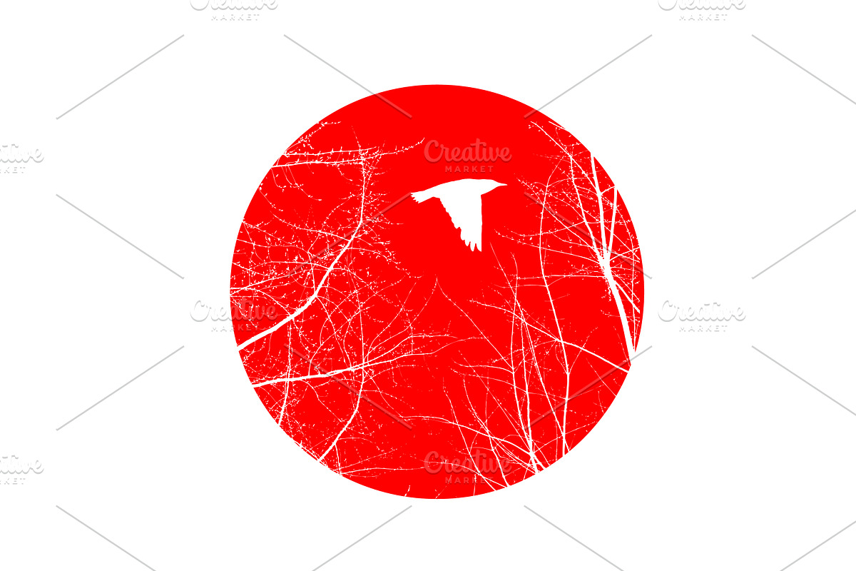Japanese red sun with bird and trees, an Animal Illustration by Nenahliadava Design