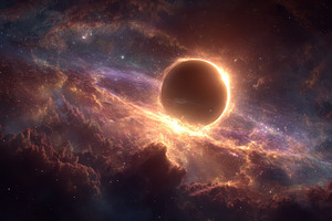 Celestial body in cosmic nebula glow, a Photo by Pixeness Studio