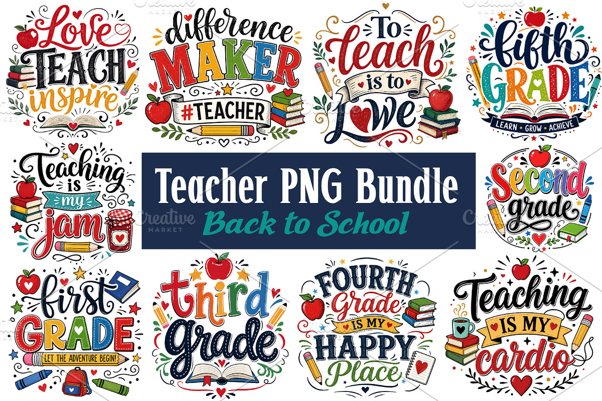Teacher PNG Bundle, Back to School, a Seasonal Illustration by CreationArt (Photo 1 of 8)