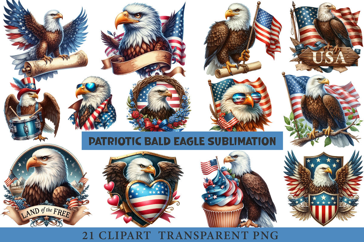 Patriotic Bald Eagle Clipart Bundle, an Illustration by cherrydesign (Photo 1 of 4)