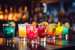 Different alcohol cocktails on bar counter, a Food & Drink Photo by AlyaAnd