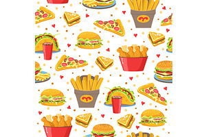 Fast food products seamless pattern, a Food Illustration by Vectorbuum