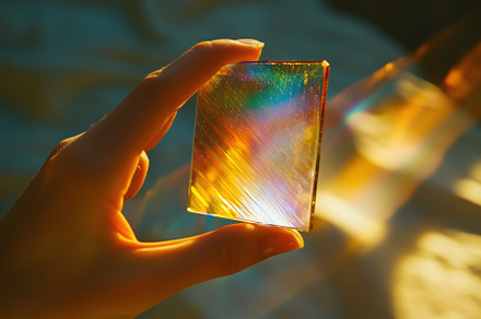 A hand holding a colorful, iridescent glass piece that reflects light in variou, an Arts & Entertainment Photo by Textures & Backgrounds