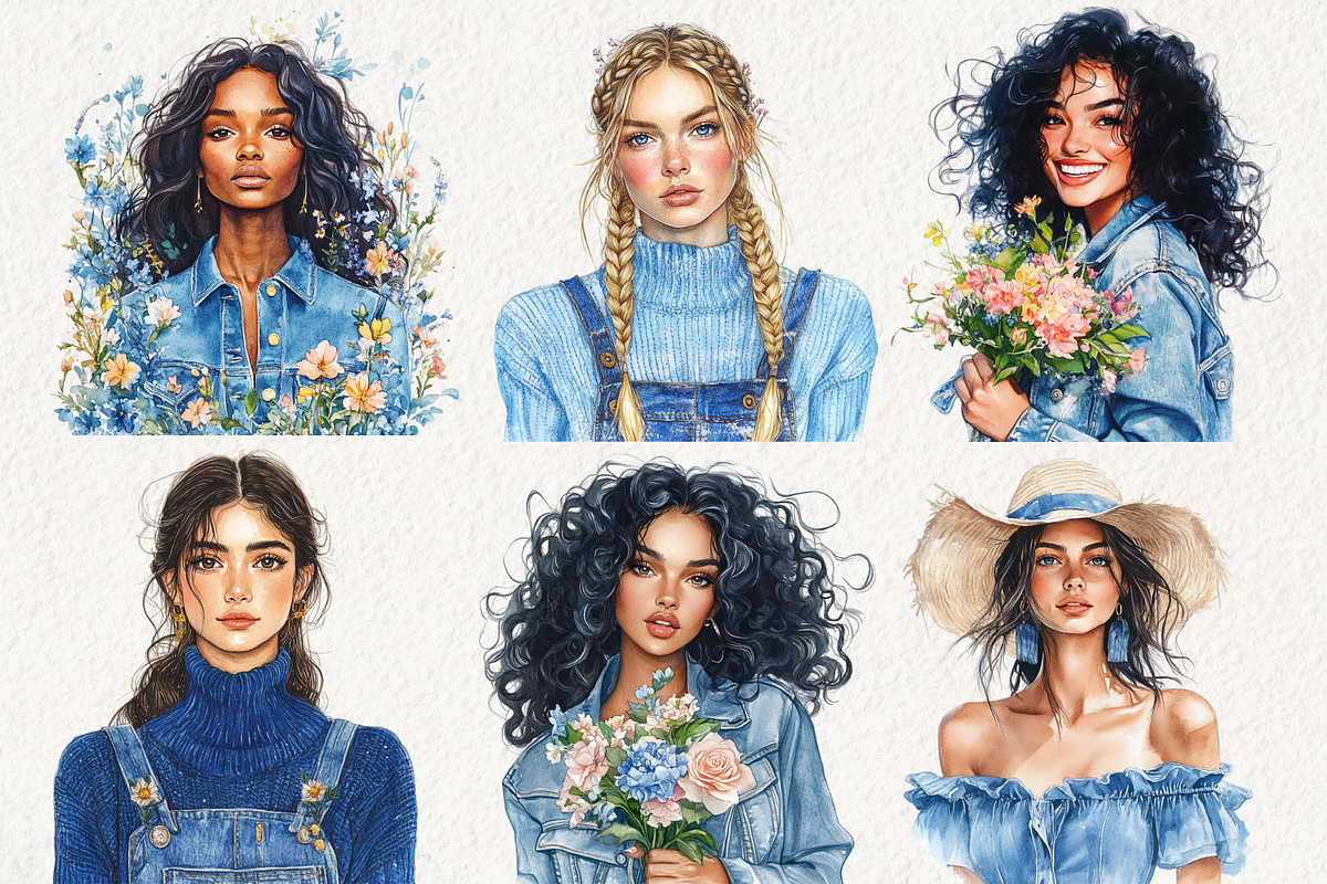 Vintage Denim Spring Clipart, an Illustration by NadiaTheronArt (Photo 3 of 4)