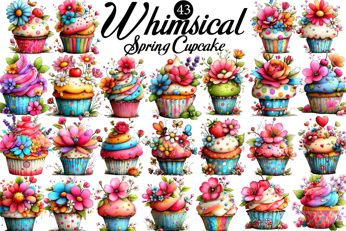 Whimsical Spring Cupcake Clipart, an Illustration by DreamArtGraphic (Photo 1 of 8)