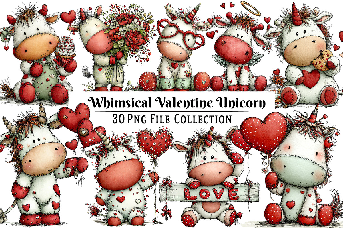 Whimsical Valentine Unicorn Clipart, an Illustration by Dream Creation (Photo 1 of 6)