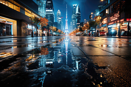 Dynamic cityscape at night neon ligh, a Photo by SaroStock