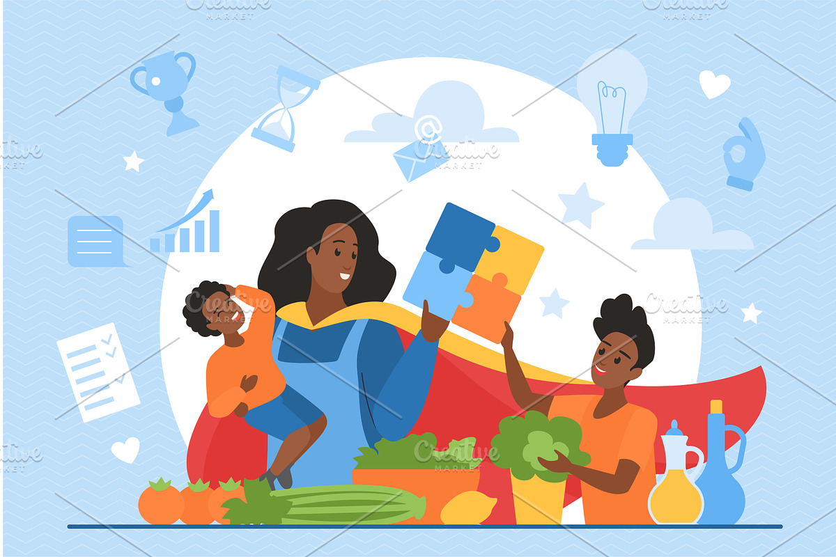 Happy family, busy mother superhero, a Person Illustration by Lemberg Vector