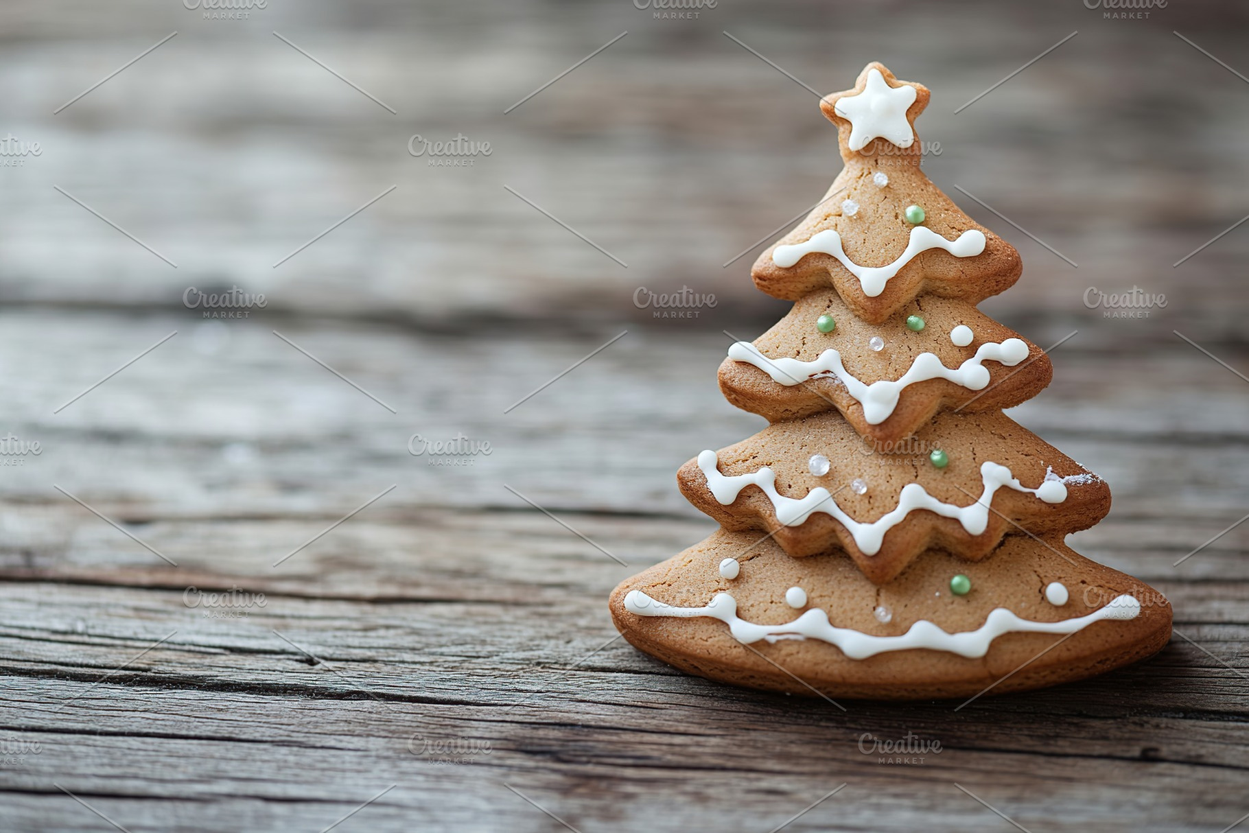 Christmas gingerbread fir tree cookie on wooden table, a Food & Drink Photo by AlyaAnd