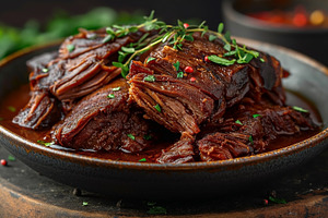 Succulent beef brisket served in a rich sauce, garnished with he, a Food & Drink Photo by ImageMir
