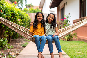 Two girls sitting together on a hammock in the backyard of a hou, a Person Photo by DanFLCreativo