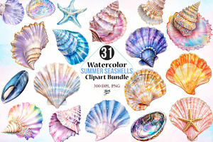 Watercolor Summer Seashells Clipart, a Seasonal Illustration by Canvas Craft