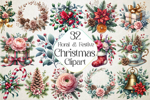 Floral & Festive Christmas Clipart, an Illustration by DreamPrint404