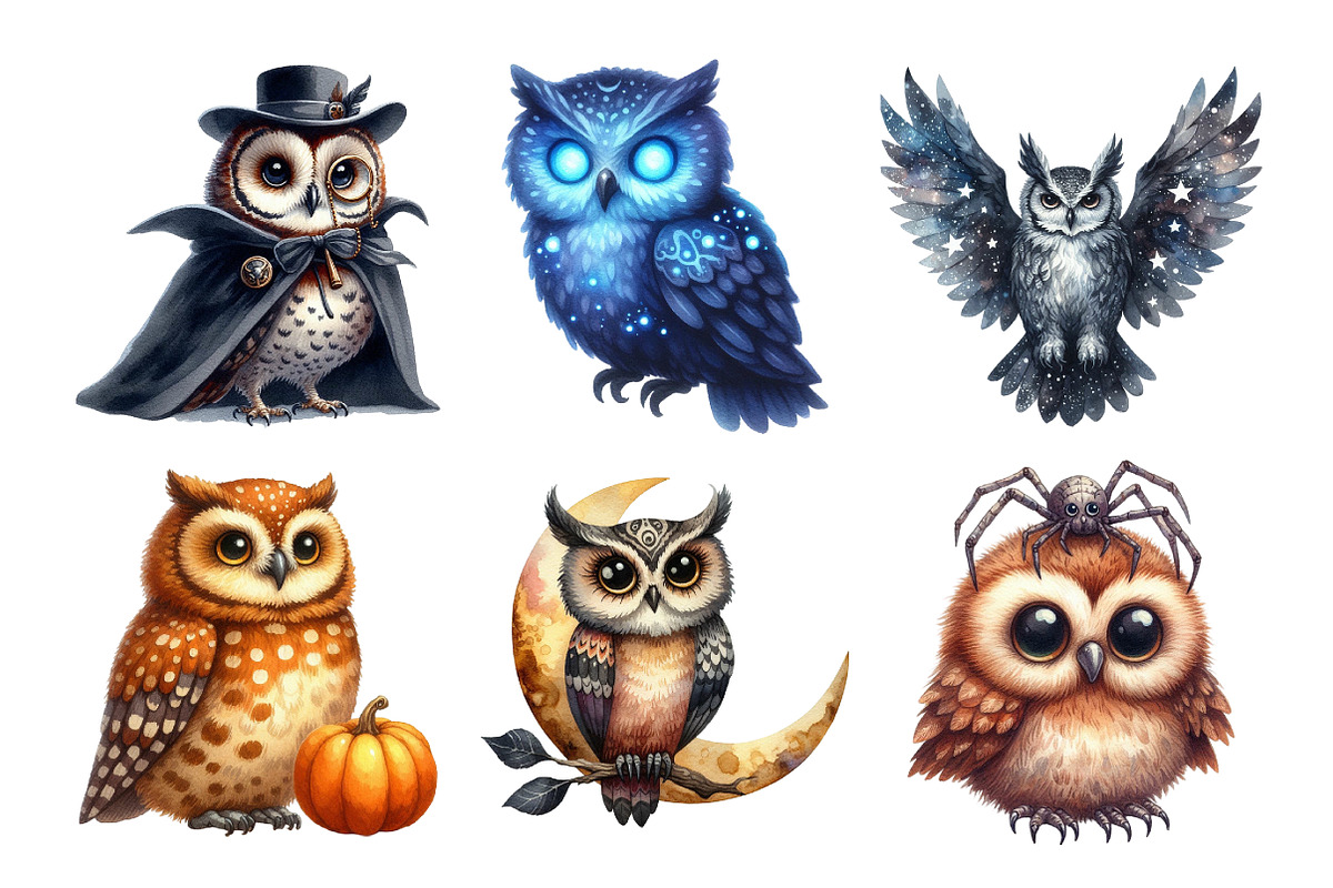 Watercolor Spooky Owls Clipart, an Illustration by Daily.Designs (Photo 3 of 5)