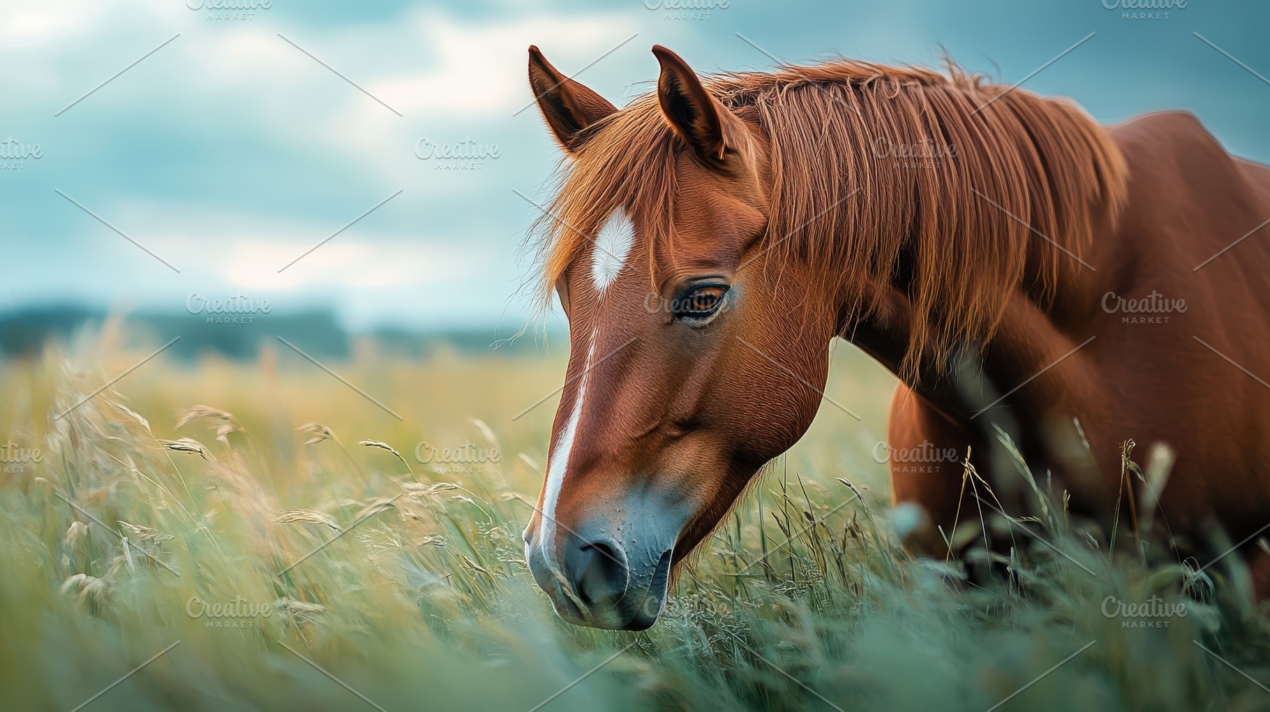 Chestnut horse grazes peacefully in, an Animal Photo by Pixeness Studio