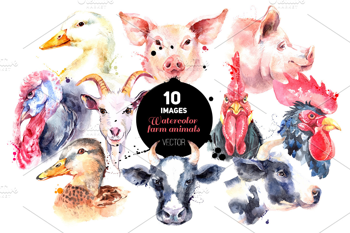 Watercolor Farm Animal Vector Set, an Animal Illustration by Elena Pimonova (Photo 1 of 4)
