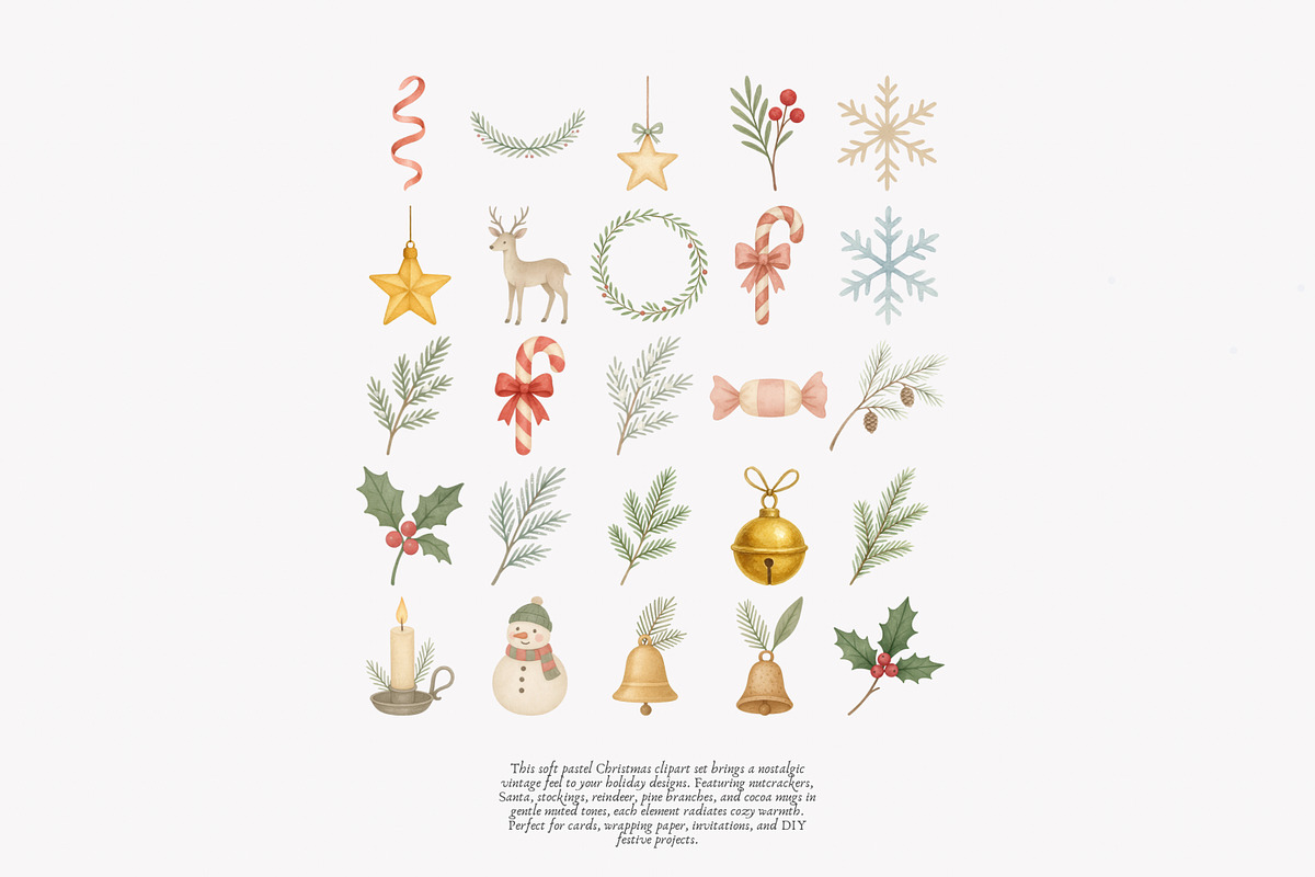vintage pastel christmas clipart set, a Decorative Illustration by Patishop Art (Photo 8 of 9)