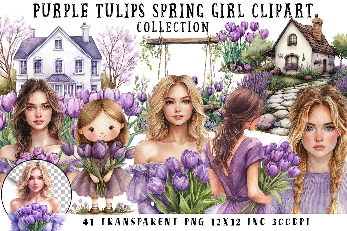 Purple Tulips Spring Girl Clipart, an Illustration by OK Design (Photo 1 of 6)