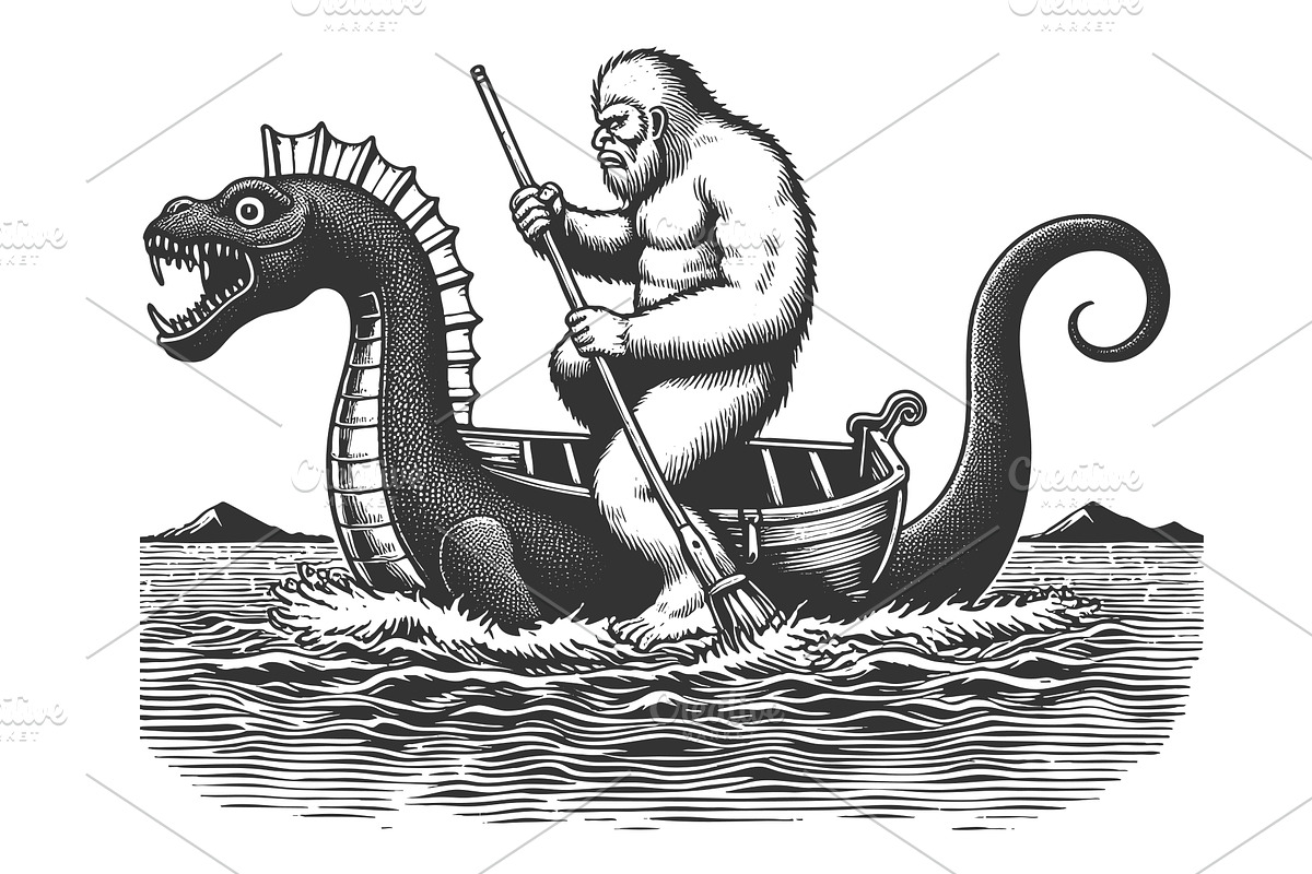 Sasquatch Rowing a Sea Monster Boat, an Animal Illustration by AlexArt