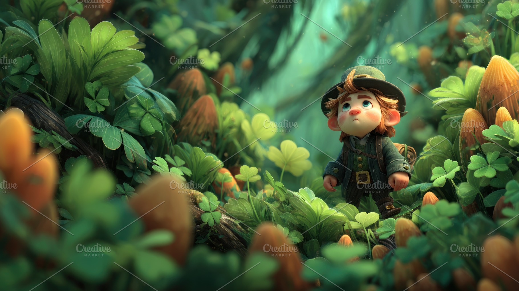 Curious young leprechaun exploring a magical forest filled with, a Holiday Photo by José Manuel Gelpi