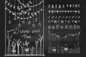 Set of bottles, garlands, lamps.
