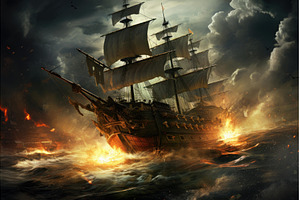 Fierce Pirate ships battle storm, a Transportation Photo by Ylivdesign